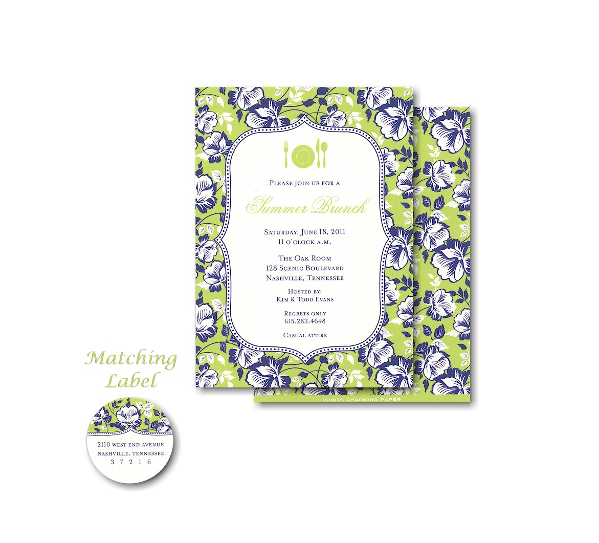 Blue Floral on Green Party Invitation