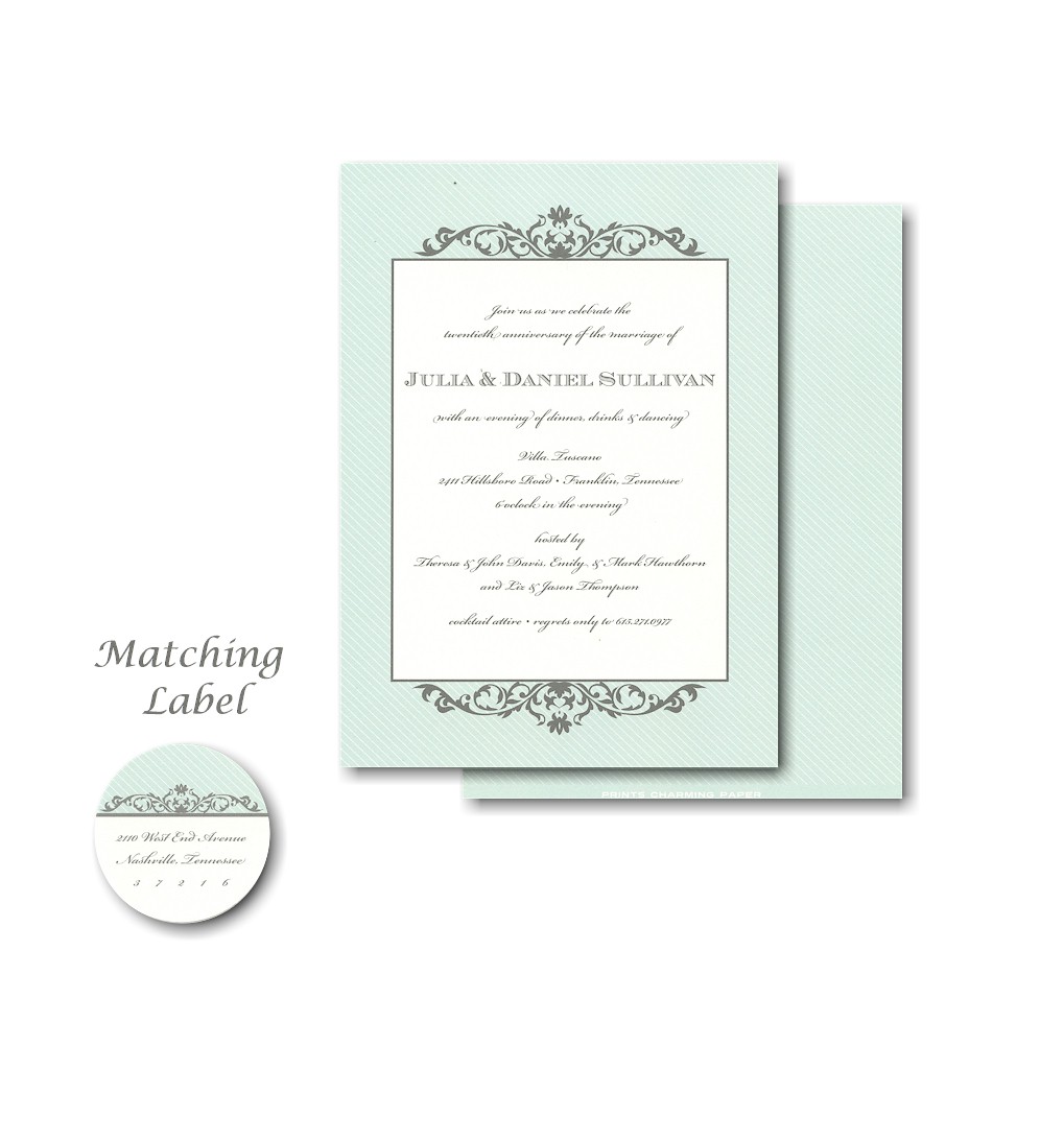 Grey Flourish & Aqua Stripes Wedding Invitation