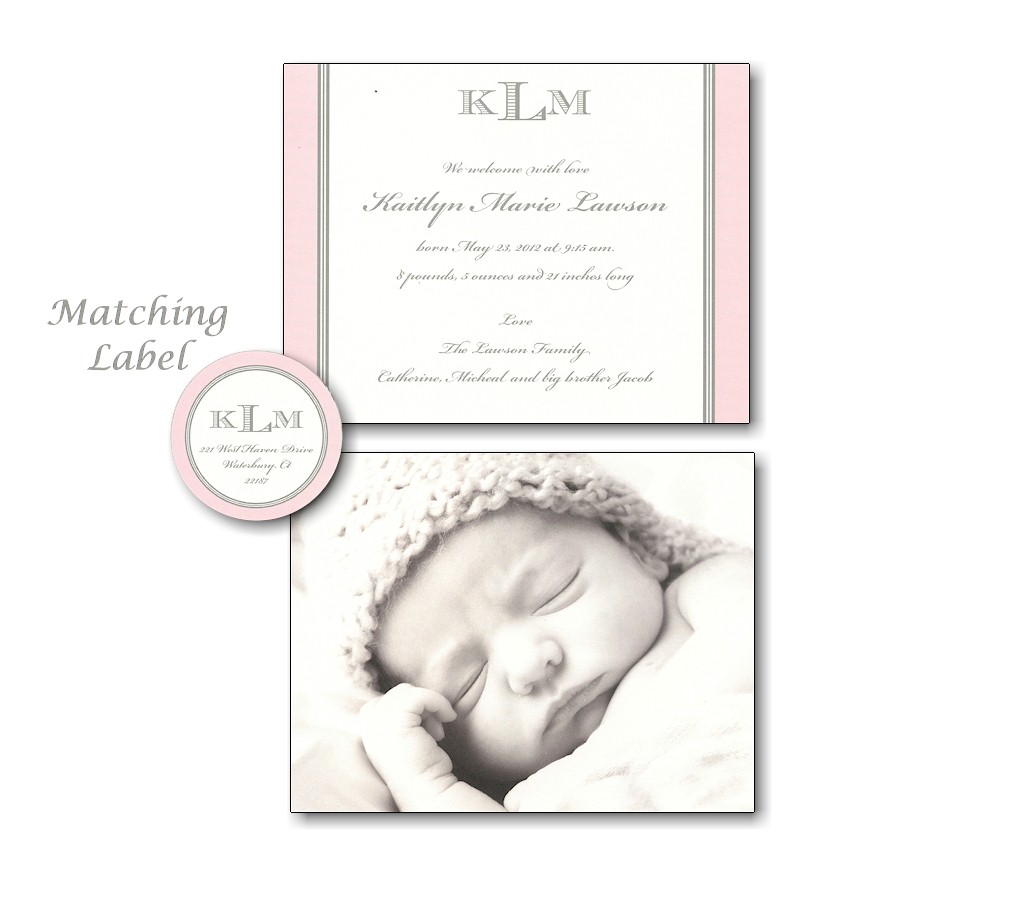 Pink and Grey Border Photo Birth Announcement